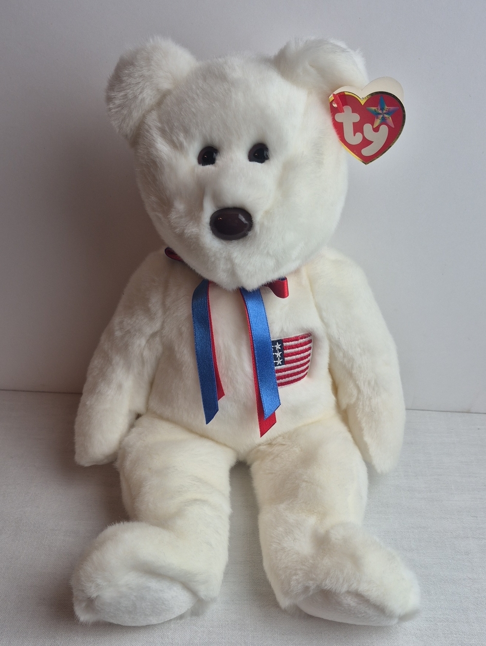 Ty Beanie Buddy "Libearty" White With Red and Blue Ribbon and Flag Pocket